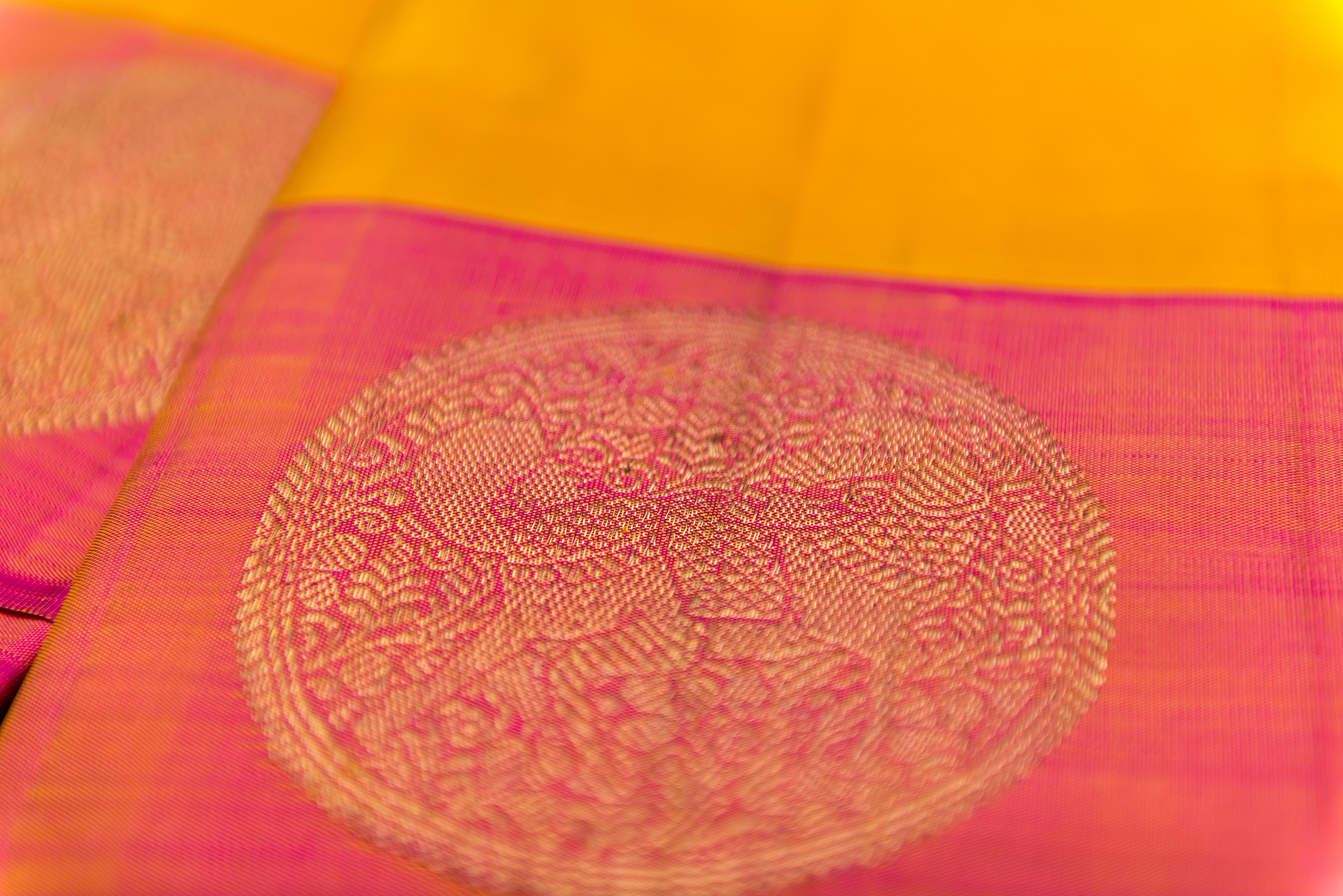 Bright Yellow and Double-Toned Pink Handwoven Silk Saree