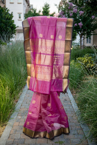 Pink Silk Cotton Saree with Grand Gold Zari Borders