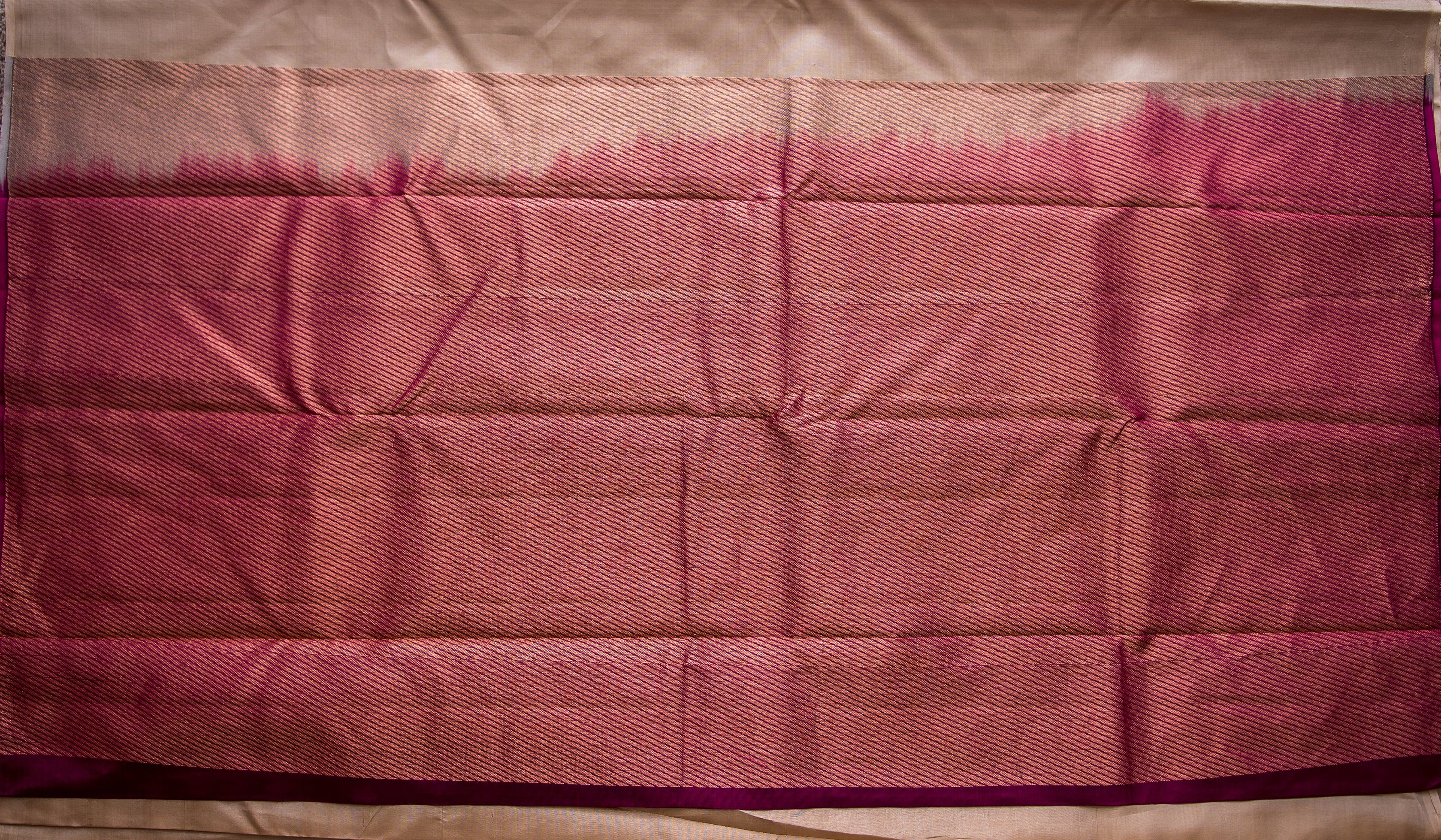Beige-Gold Kanchipuram Handwoven Silk Saree with Maroon-Pink Pallu