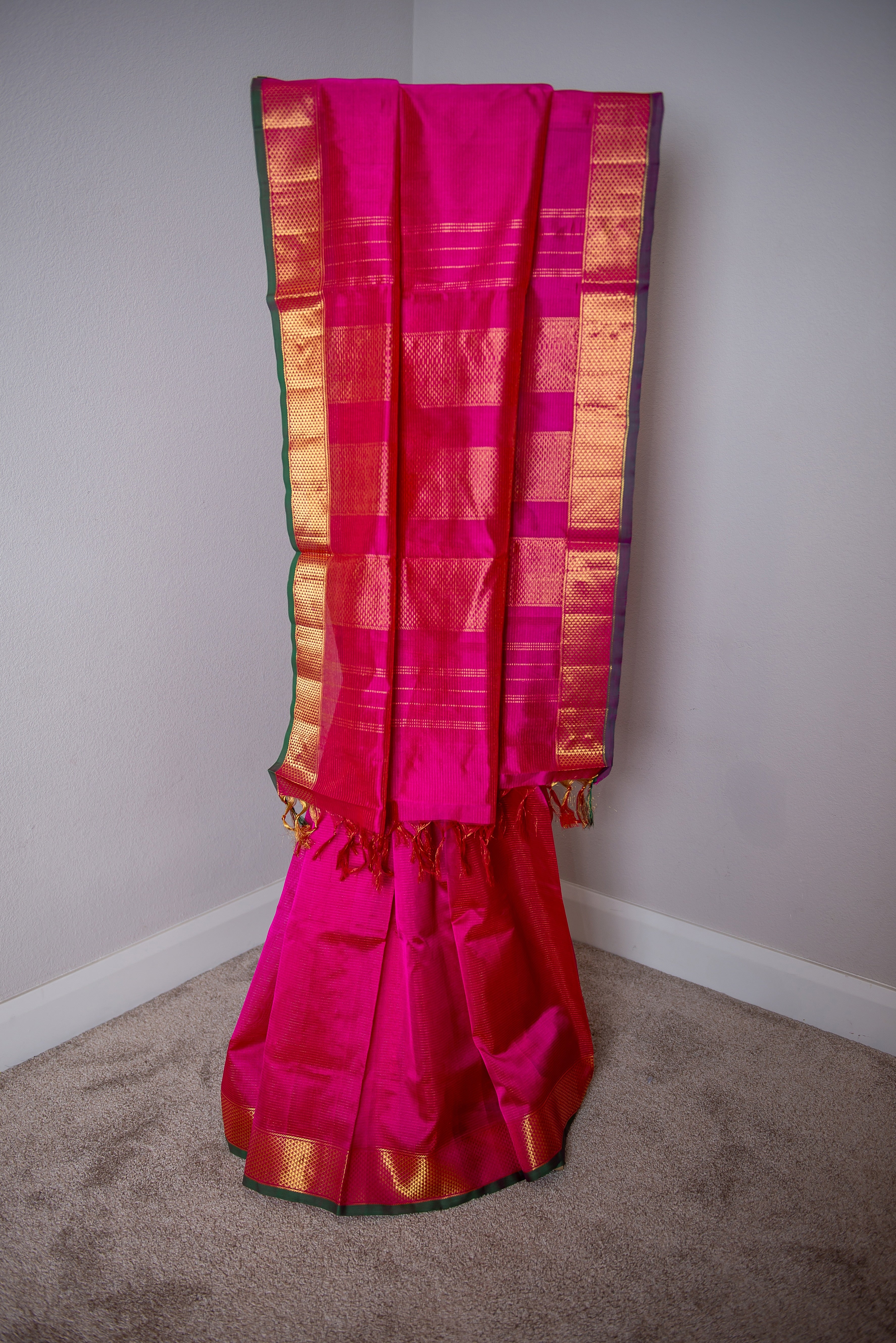 Striking Bright Pink Silk Cotton Saree with Pure Zari Border