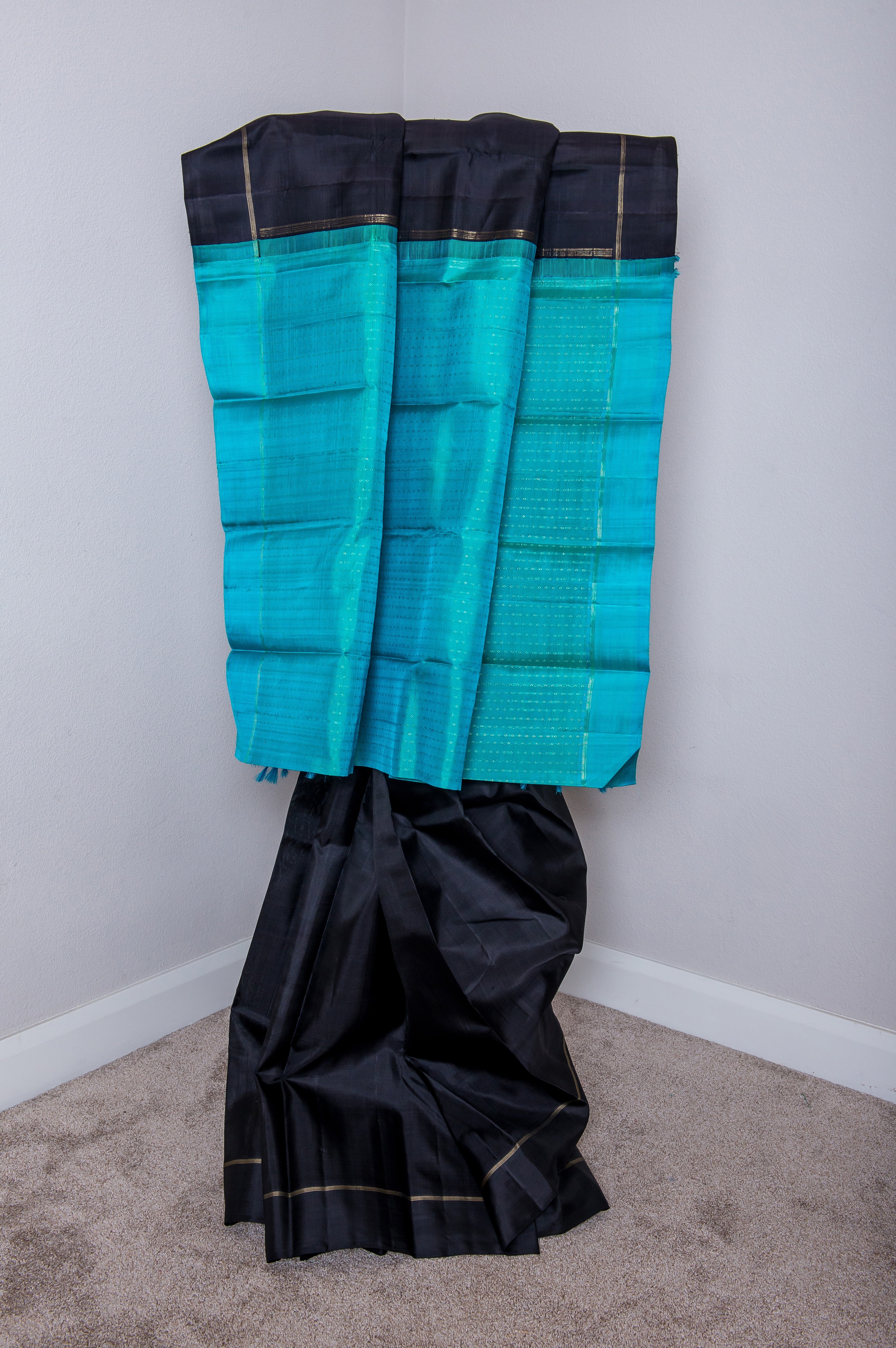Black Kanchipuram Silk Saree with a Contrast Turquoise Blue Pallu