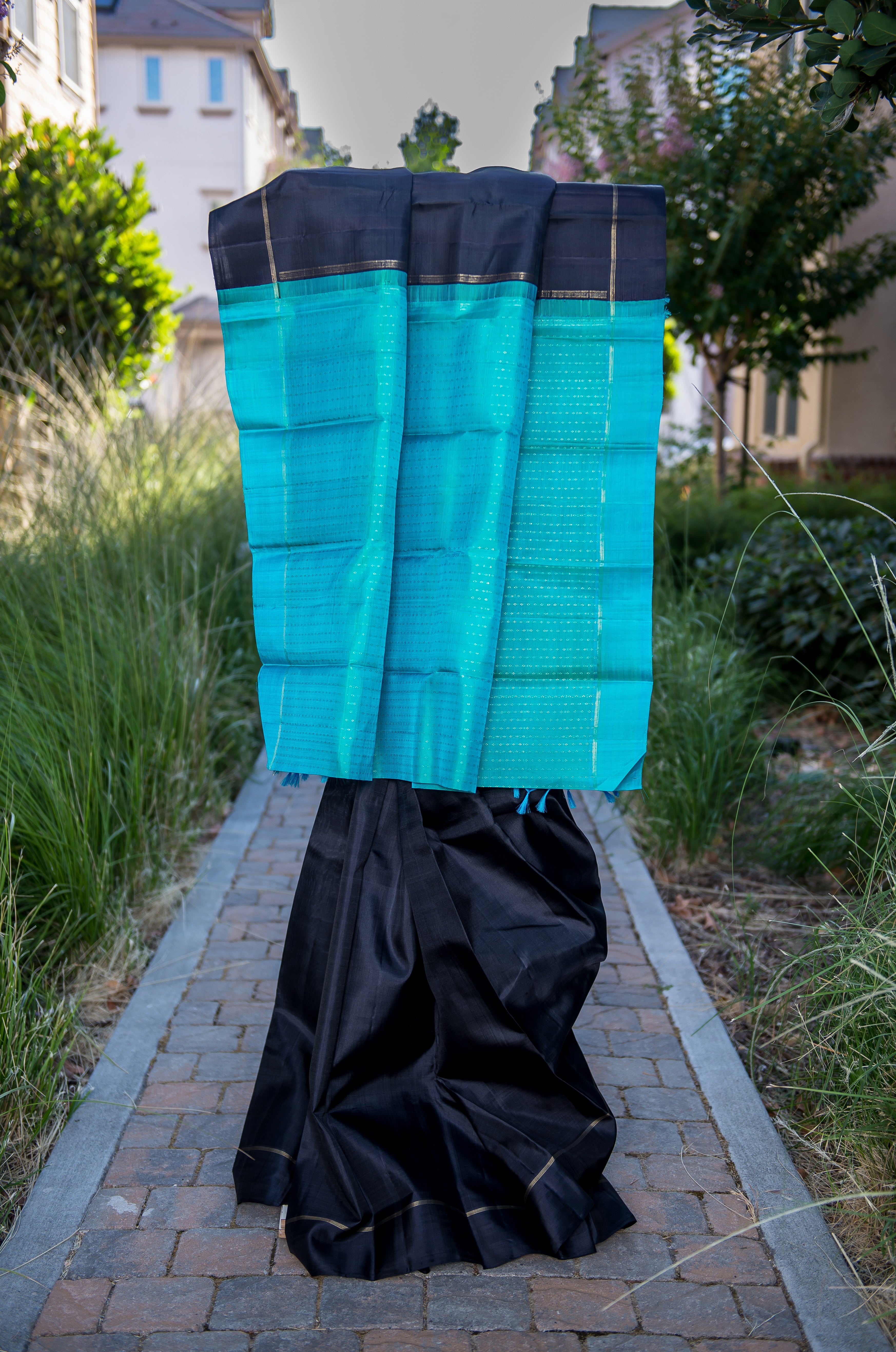 Black Kanchipuram Silk Saree with a Contrast Turquoise Blue Pallu