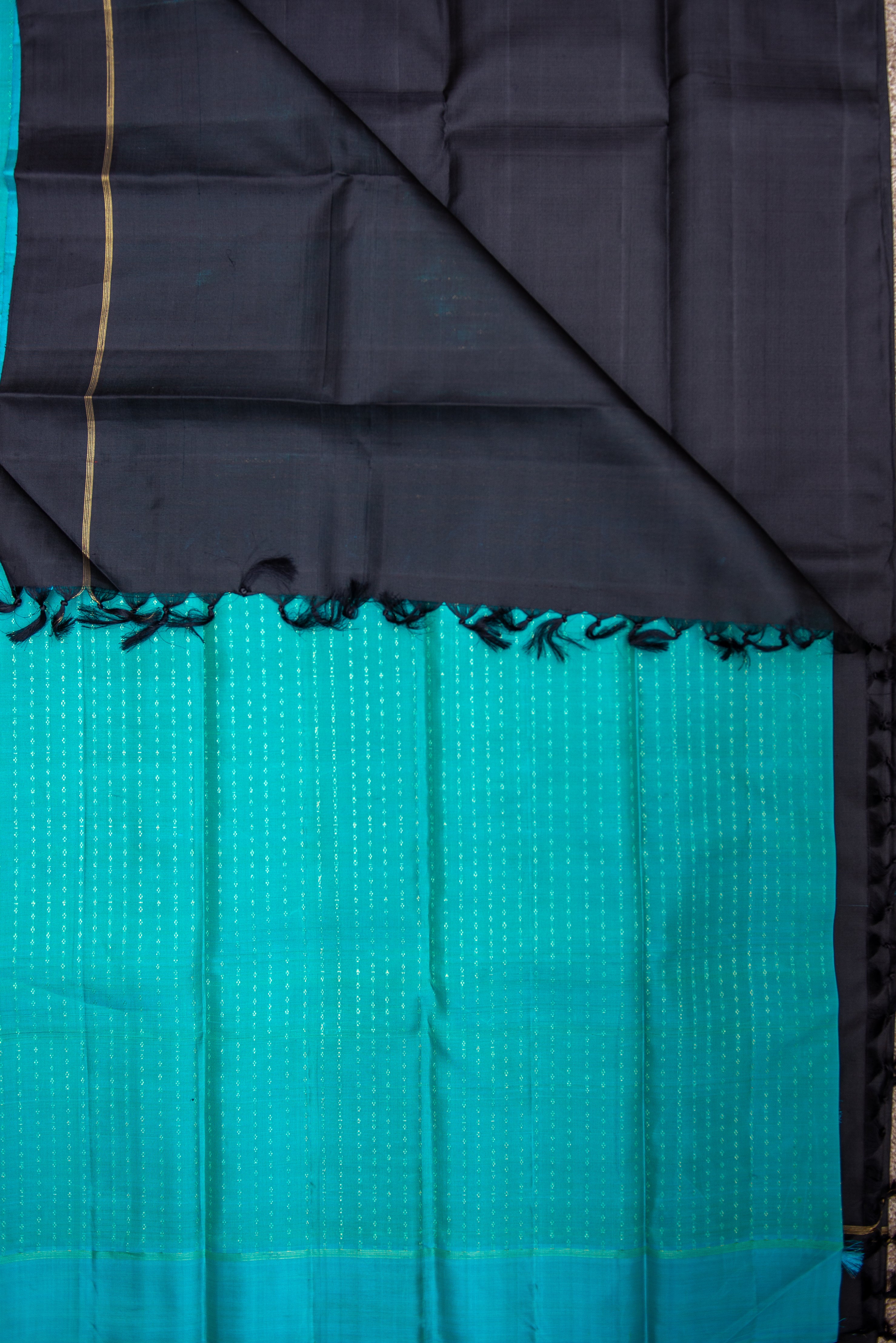 Black Kanchipuram Silk Saree with a Contrast Turquoise Blue Pallu