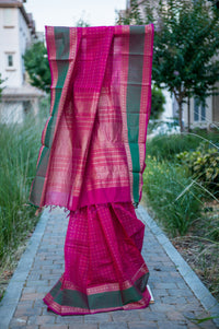 Deep Pink Threadwork Silk Cotton Saree with Threadwork Border