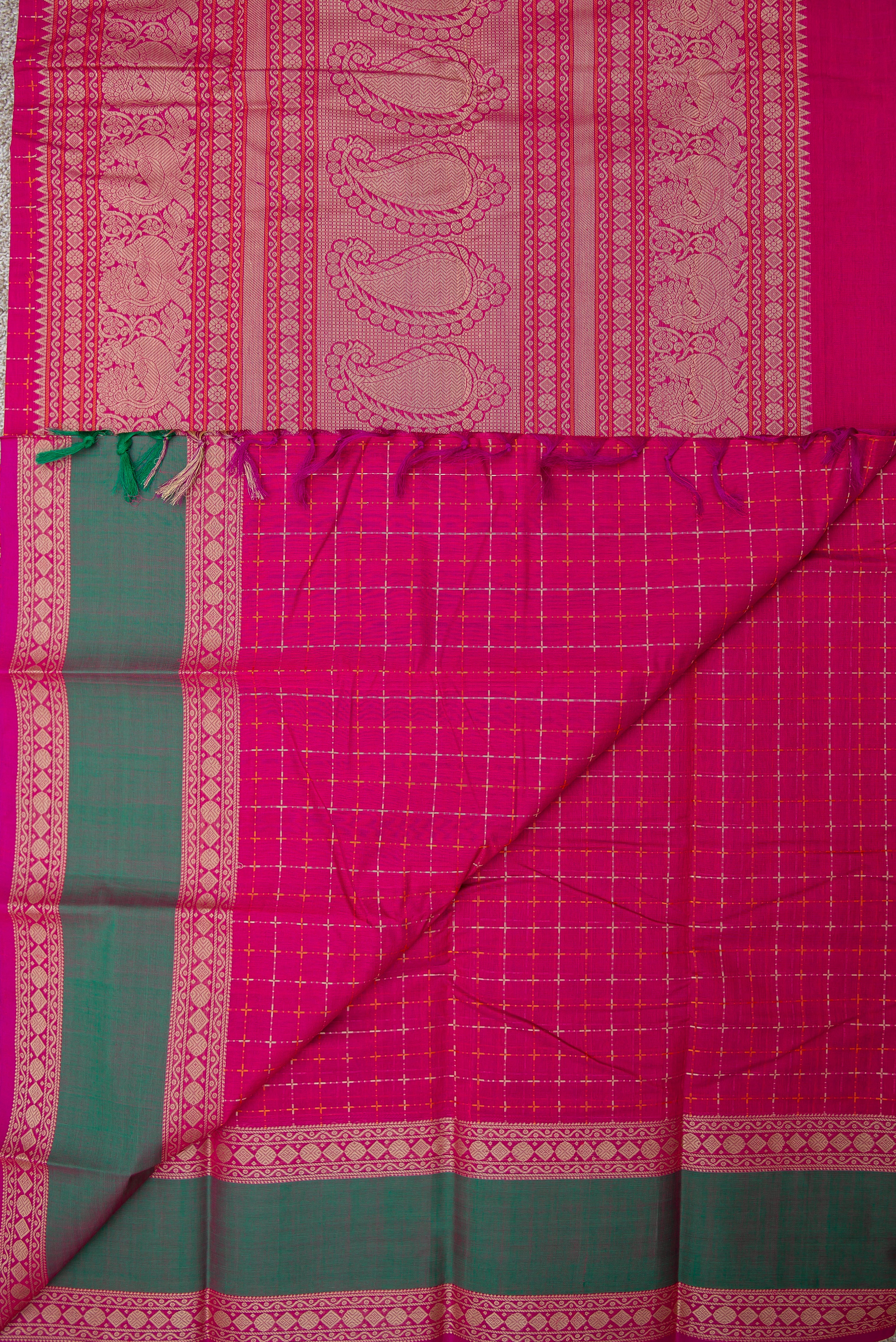 Deep Pink Threadwork Silk Cotton Saree with Threadwork Border